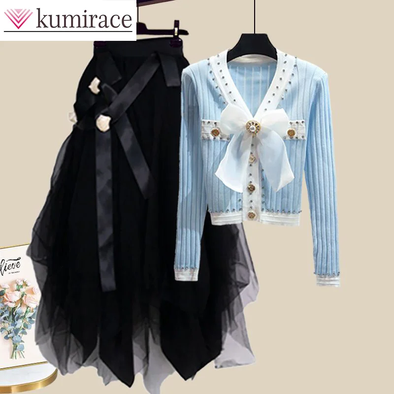 2024 New Western Fashionable Bow Sweater Mesh Half Skirt Set Women's Two Piece Set Two Piece Set for Women Mini Skirt