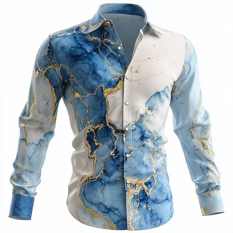 قميص رجالي من الرخام التجريدي السائل بأكمام طويلة، كاجوال يوميًا للربيع والخريف، قميص مطبوع ثلاثي الأبعاد باللون الأزرق والأرجواني