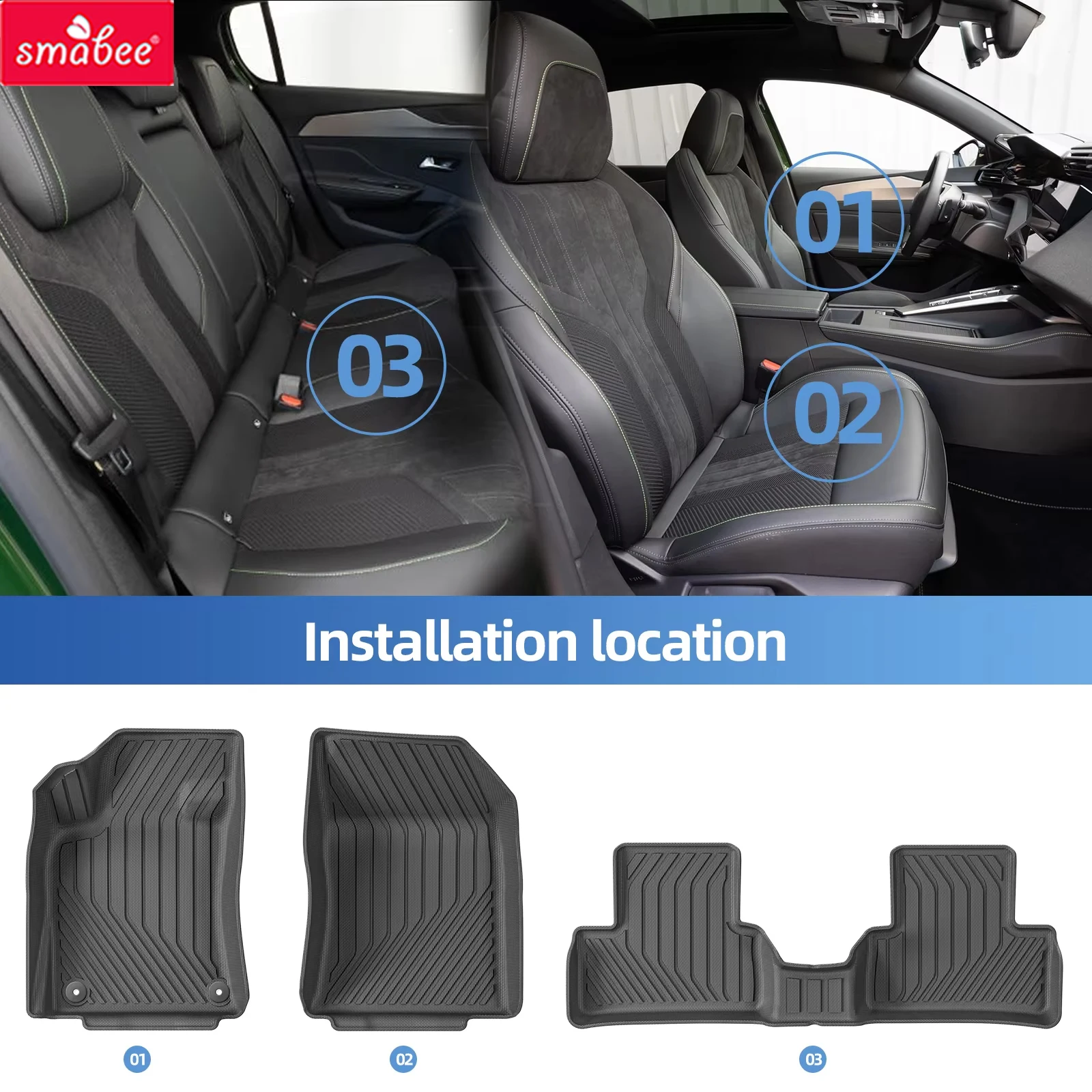 Smabee Left Drive for 2022 2023 2024 Peugeot 308Fuel TPE Car Floor Mats Cargo Liner Trunk Pad Black Waterproof All Weather