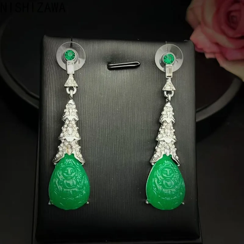 

NISHIZAWA Emerald Carved Earrings for Women Chinese Style Vintage Exquisite Jewelry Fashion Elegant Pendientes Mujer