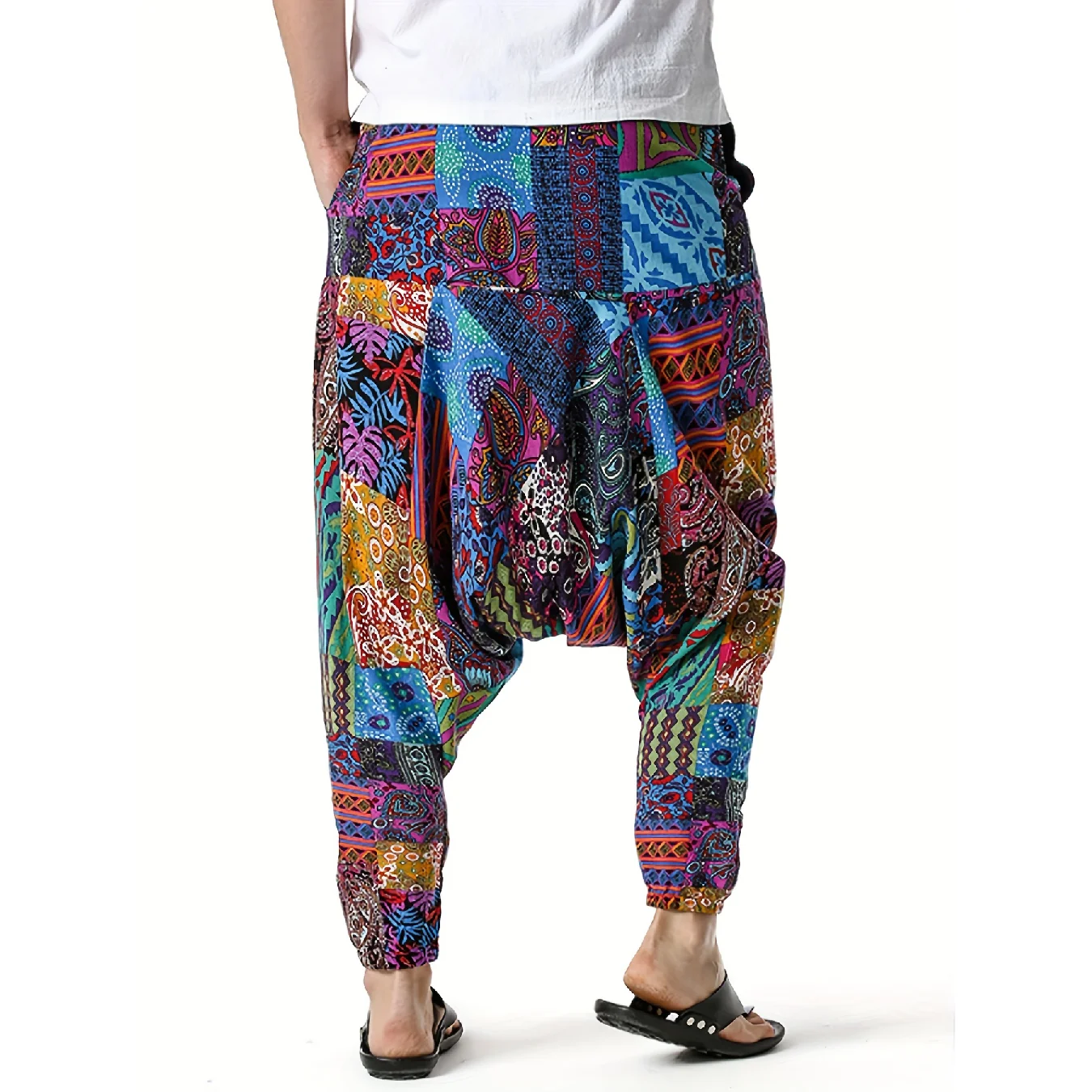 Male Ins Chic Ethnic Drop Crotch Pants Men Summer Pockets Print Tropical Thailand Nepal Vintage Island Beach Holiday Pantalons