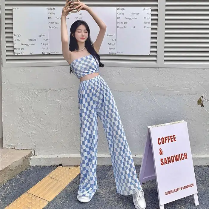 2 Piece Set Women Strapless Crop Top + Wide Leg Pants Suits Female Sexy Outfits For Woman Ins New Summer Fashion Casual Plaid