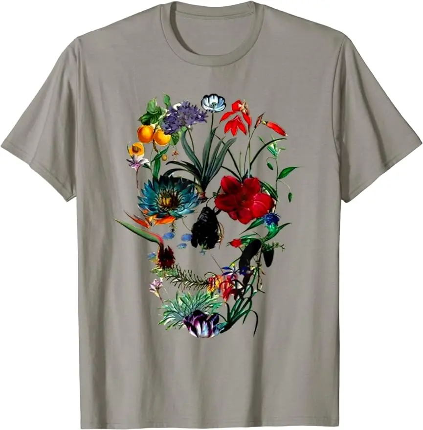 2024 Summer New Skull Flower Tulip Shirt Skull Art Rose T-shirt