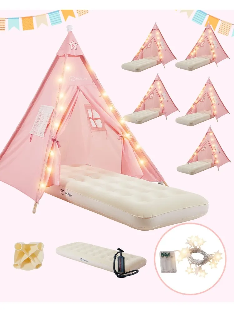 6 Pack Teepee Tent for Kids with Inflatable Airbed, Light, Toddler Tent Children Room Tent, Slumber Party Sleepover Tents