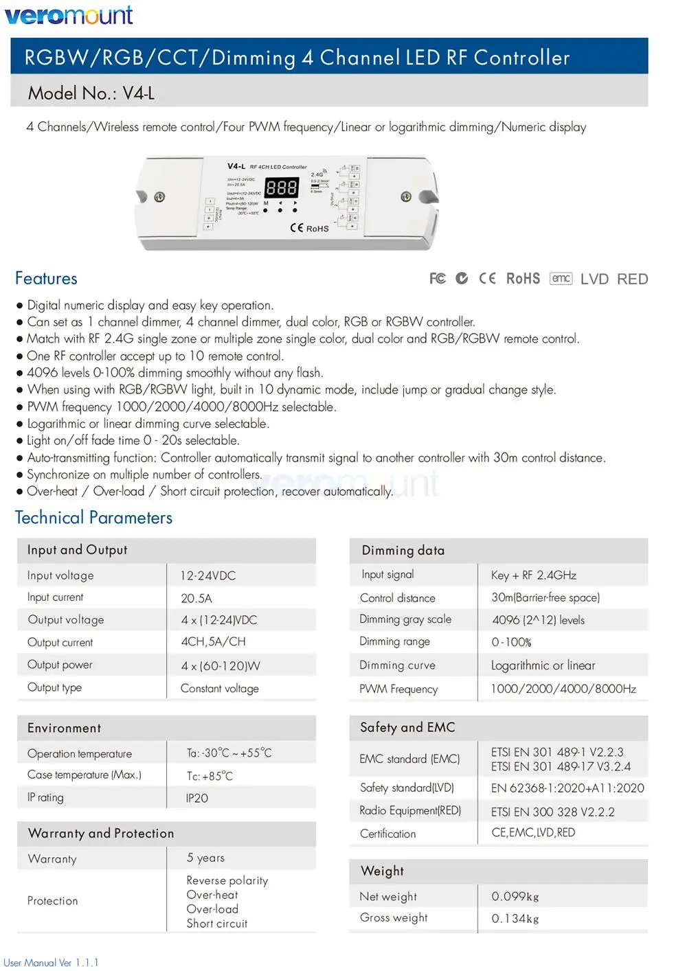 Skydance Led RGB RGBW Strip Controller 2.4G RF Wireless DC 12V 24V 5Ax4CH 4 Channel 20A Output Receiver V4-L