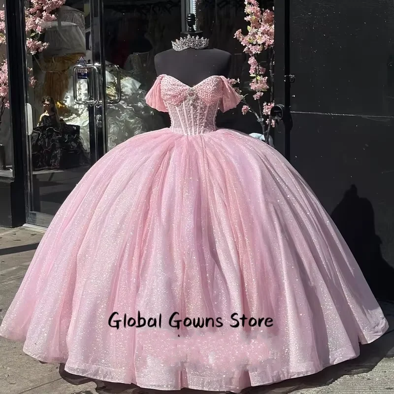 

Sparkly Sweetheart Quinceanera Dresses for Girls Off the Shoulder Pleat Tulle Pearls Corset Drop Shipping Customised
