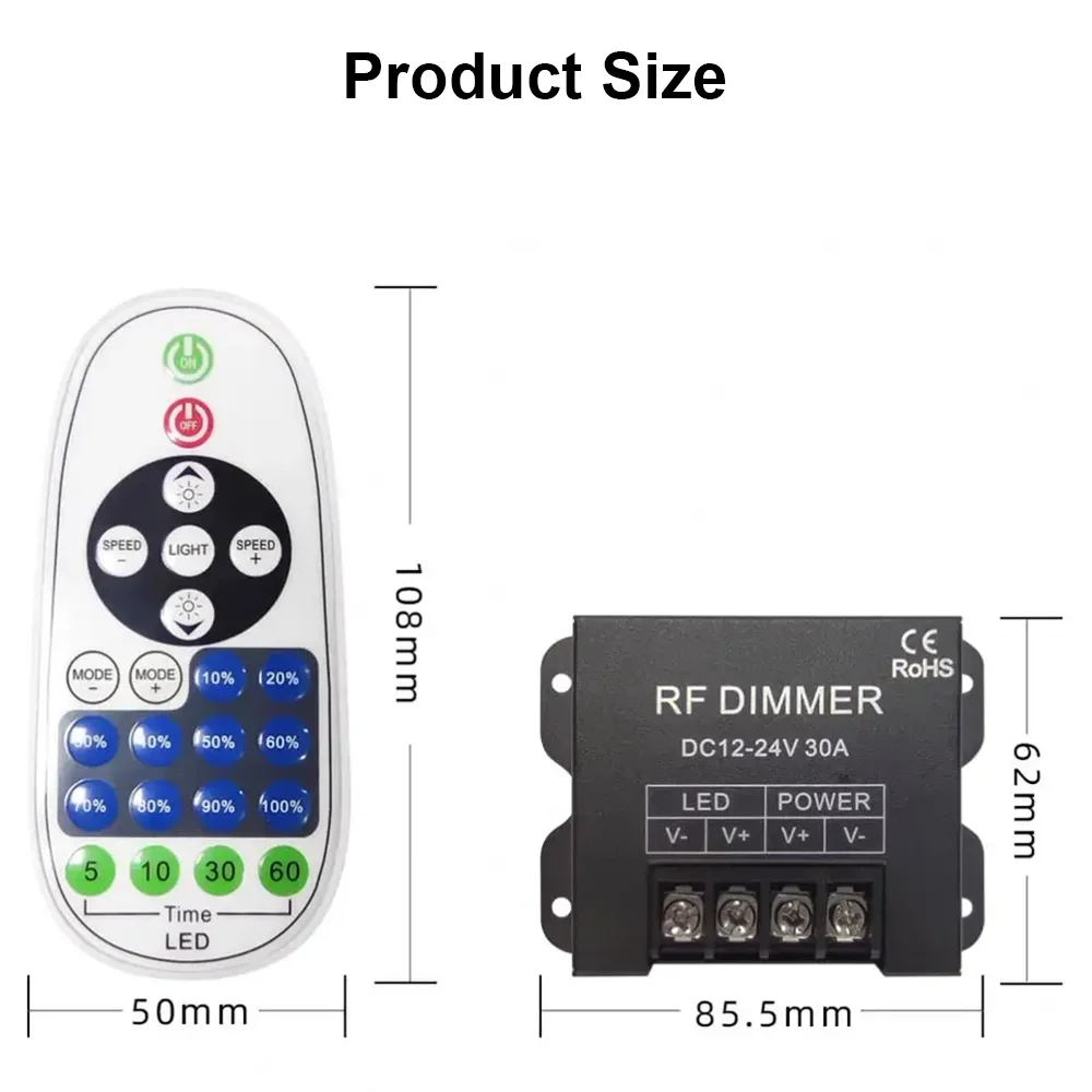 RF Led Dimmer Remote Control 23 Keys Touch Button DC12v 24v 30A 720W 360W for SMD COB Tape Lights Adjust Brightness