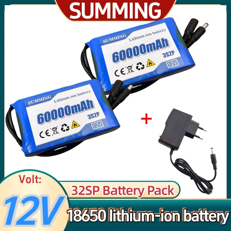 

100% New 3S2P Protection Plate12V 60Ah Battery Pack 12V 6000mAh 18650 Lithium ion DC 12.6V Super Rechargeable Battery + Charger