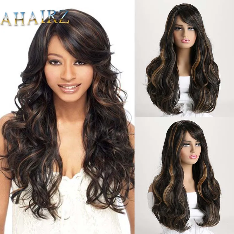 

Synthetic Wigs Long Black Mixed Brown Curly Wig with Side Part Bangs for Ladies Daily Wear Breathable Wig