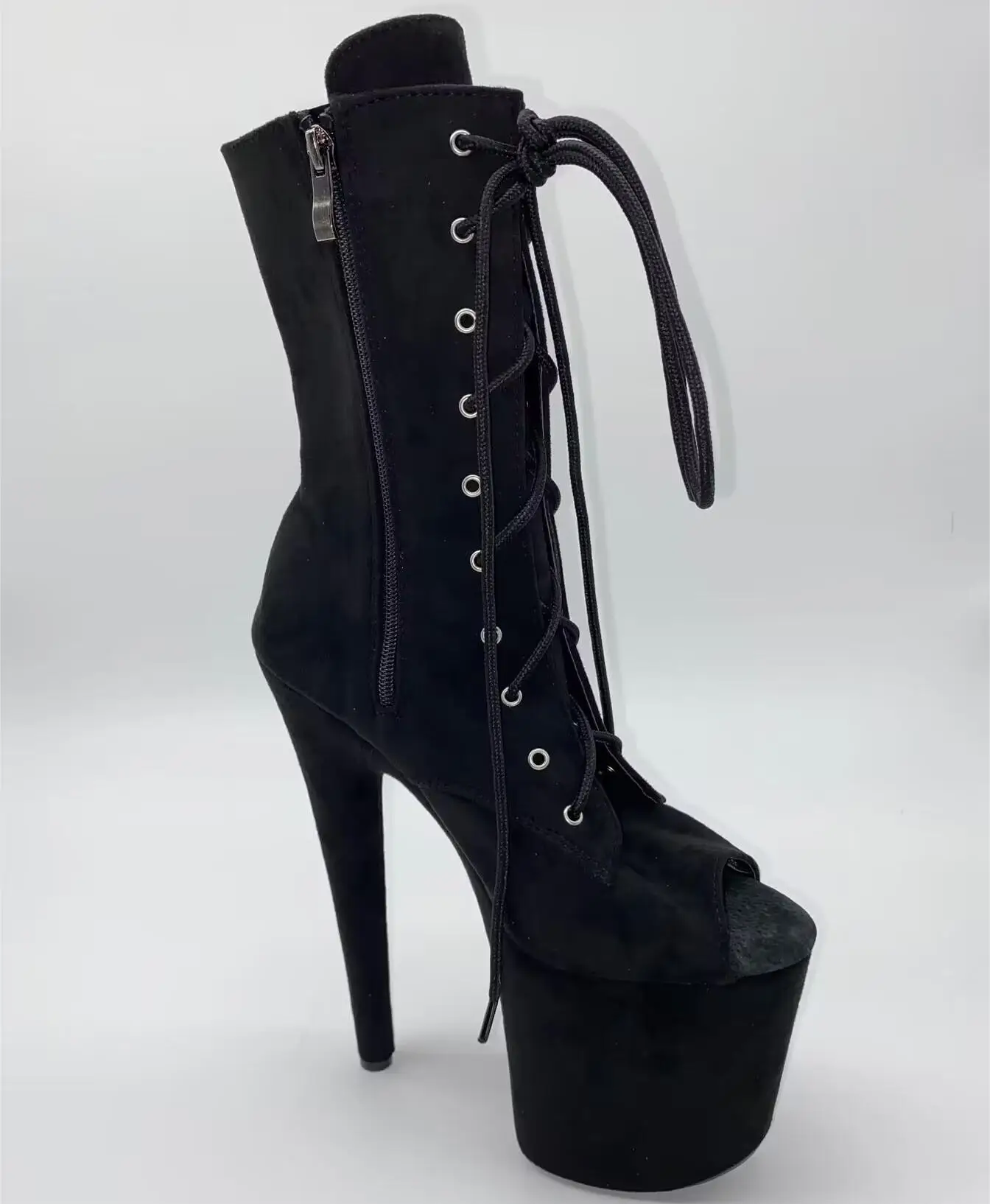 

Bag heel suede 20 cm shoes, 8 inch model stiletto heels, fish mouth zipper openings, nightclub pole dancing ankle boots
