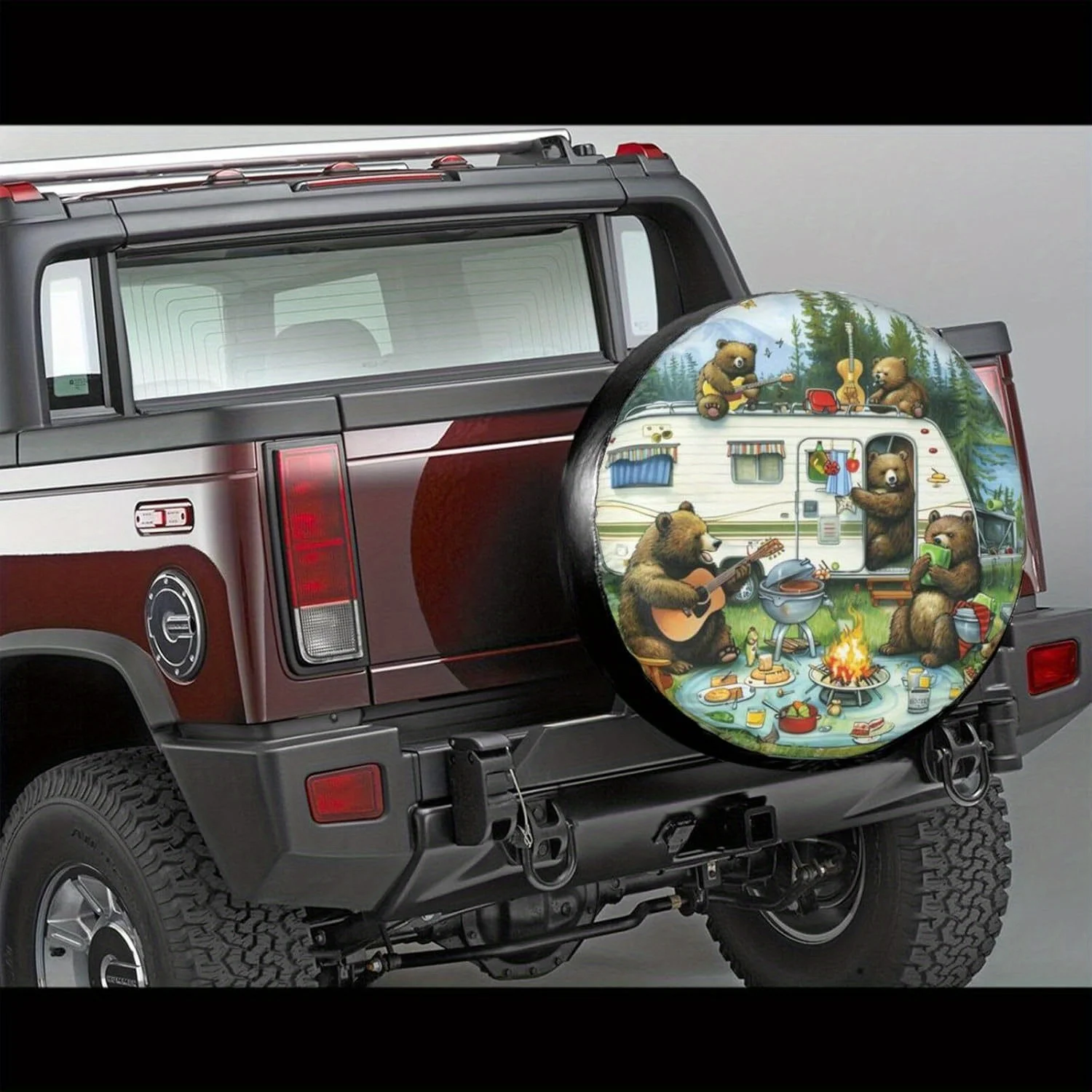 1 Stück Frühling Camping Bears Reserveradabdeckung RV, SUV, LKW, Anhängerradschutz mit Bären Kochen, Gitarrenspieler