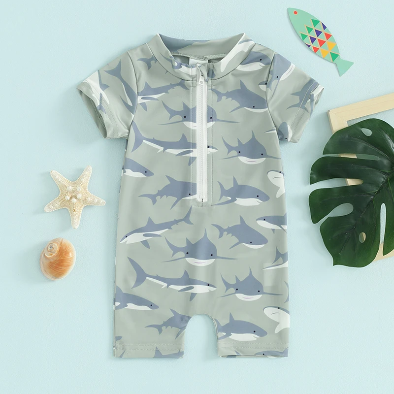 Shark Print Baby Boy Swimsuit Romper Zipper Swimwear Toddler Rash Guard Bathing Suit Short Sleeve Sun Protection