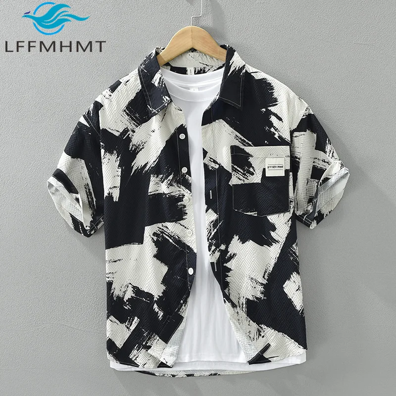 

8038 Ink Print Retro Shirt for Men Summer Fashion Short Sleeve Loose Casual Bubble Texture Soft Cozy Breathable Thin Daily Tops
