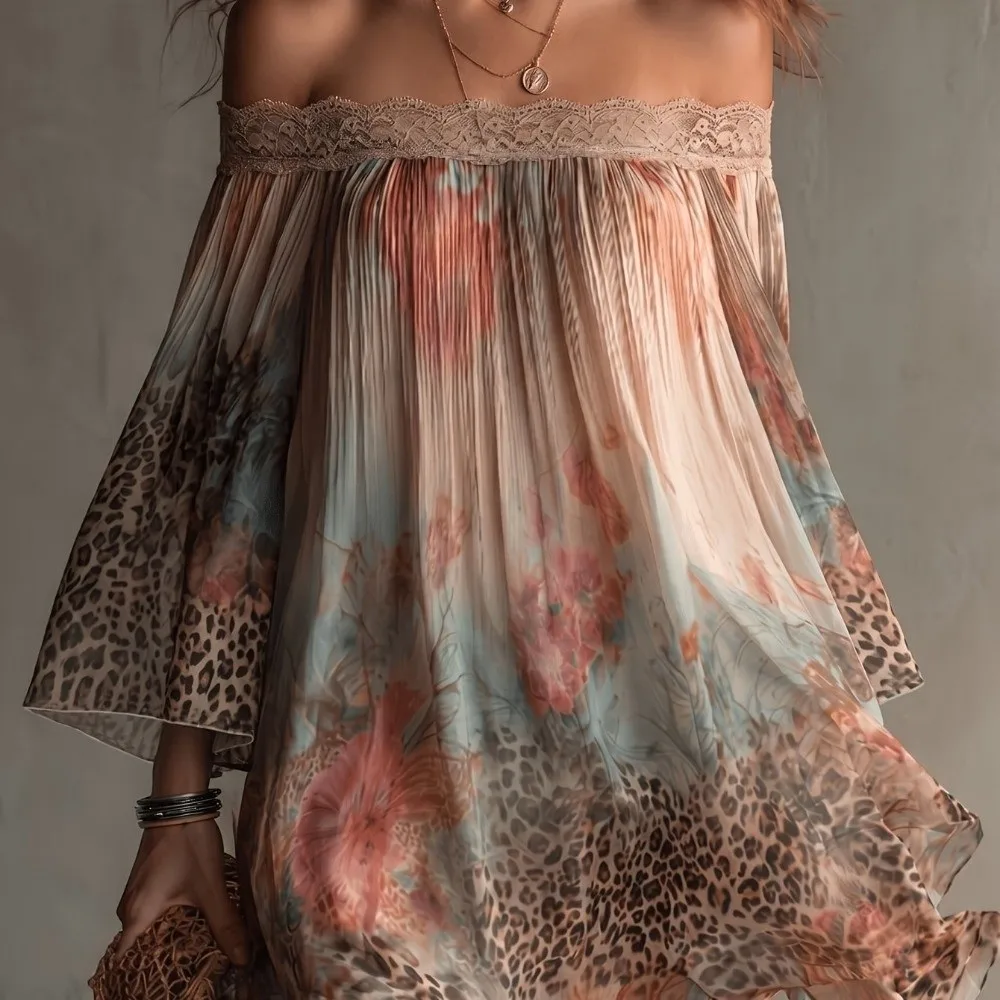 Schickes Design Blumenmuster Off-Shoulder-Kleid Lockerer Spitzenbesatz Sommerrock Leoparden-Strandkleid A-Linie Faltenkleid Party