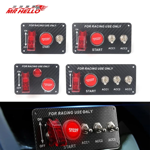 Panel de interruptor de encendido de coche de carreras de fibra de carbono auténtica, 12V, arranque del motor, botones pulsadores de encendido, Panel de interruptor de palanca LED