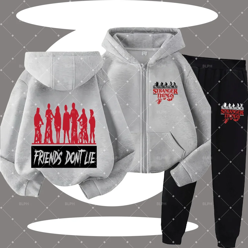 

Детский комплект худи на молнии с силуэтным принтом "Friends Don't Lie", стильная и удобная верхняя одежда для мальчиков и девочек, идеальный вариант.