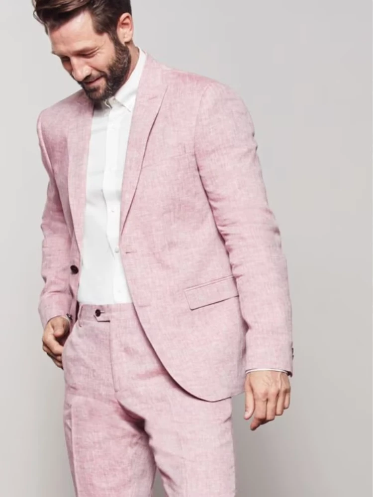 

2024 Pink Summer Linen Elegant Men Suit Wedding Groom Tuxedo Prom Slim Fit Blazer Casual High Quality Custom 2 Piece Set Costume