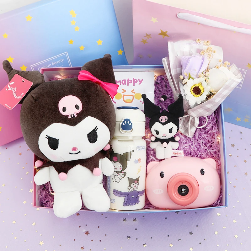 Kawaii Sanrios Kuromi Birthday Gift Box for Girlfriends Best Friends Creative Plush Dolls Bouquet Ice Sleeve Fan Night Light Cup