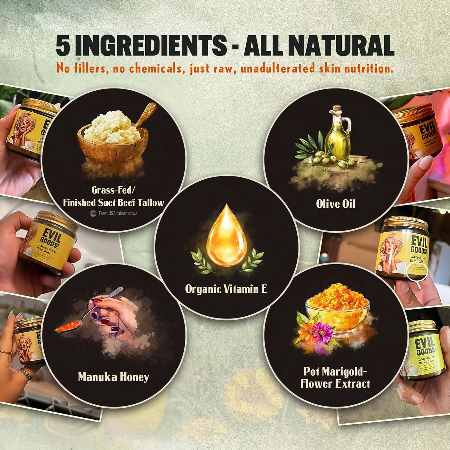 Balsam nawilżający z tłuszczu wołowego i miodu do skóry, twarzy, ust i ciała - bez zapachu