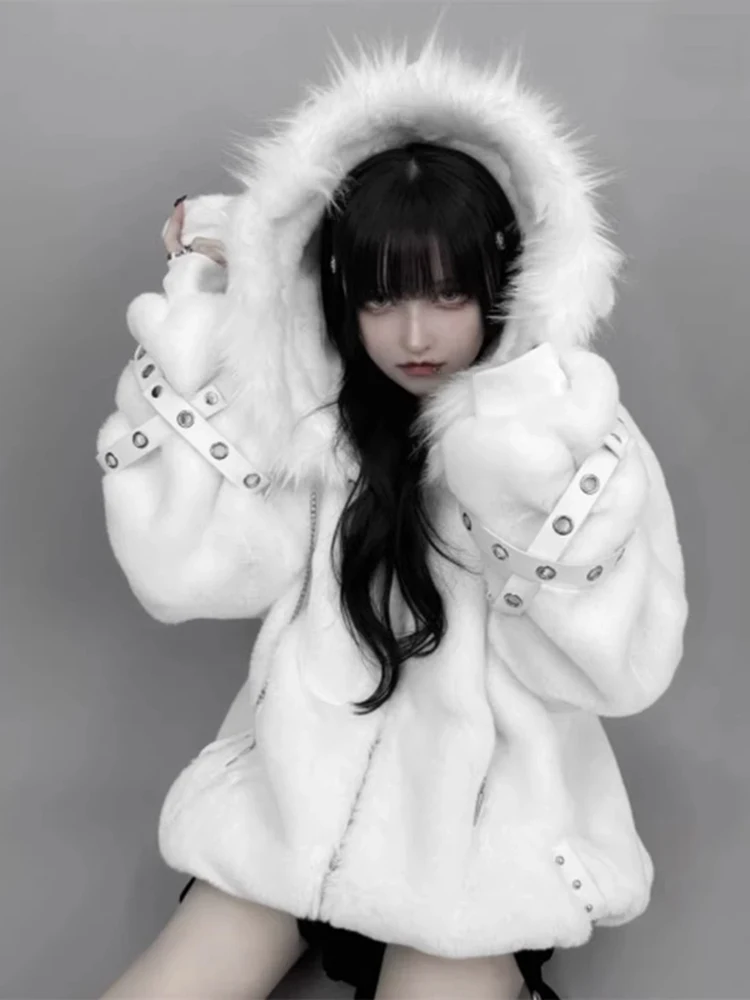 

Y2K Japanese Subculture Women's Thickened Hooded Lamb Fur Jacket Autumn Winter Warm Cotton Coat Sweet Style Loose Fit Long Sl...
