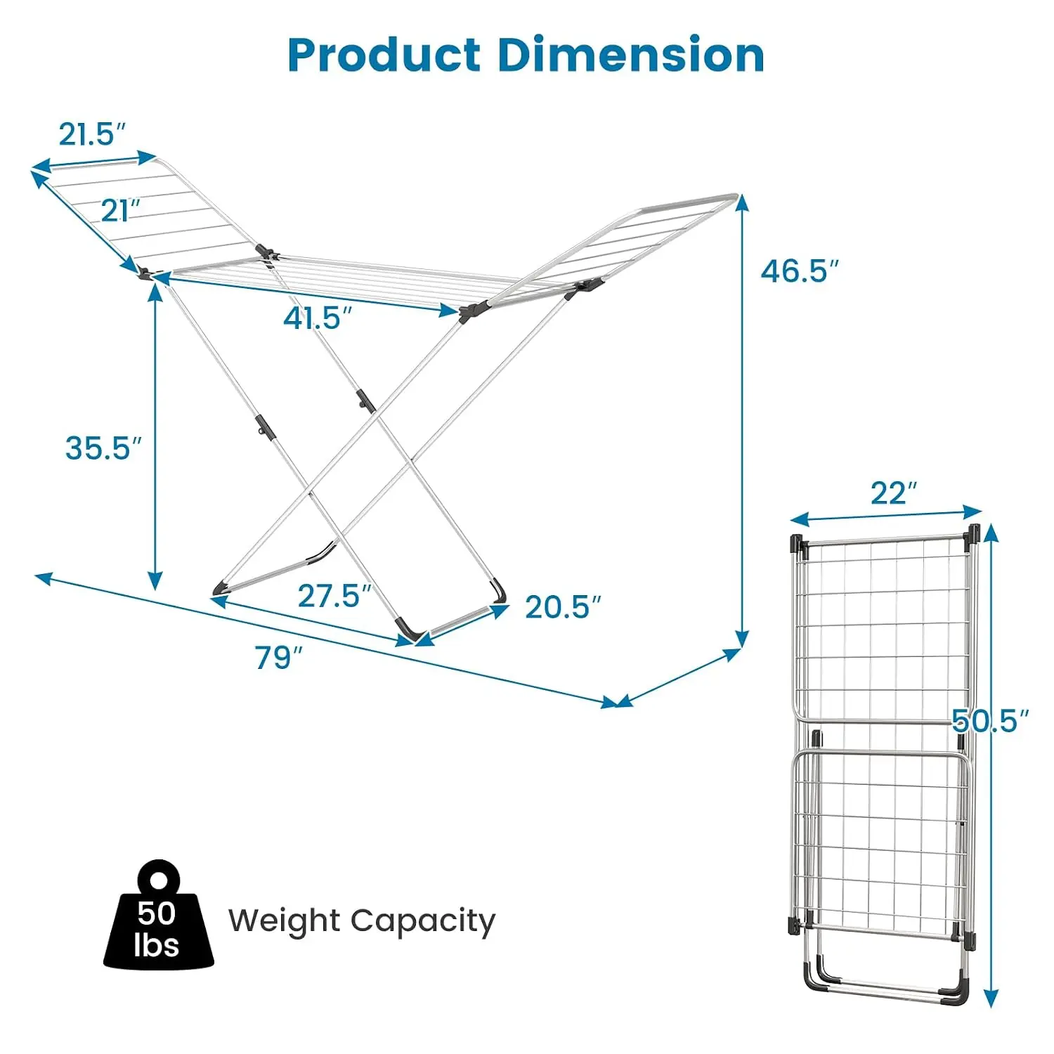 Clothes Drying Rack, Foldable Laundry Drying Rack w/Aluminum Frame, 20 Drying Rails & Anti-Slip Foot Pads,Customized