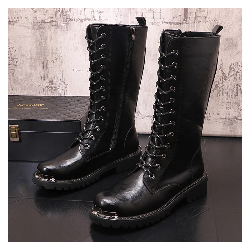 famous brand designer boots for men fashion lace-up genuine leather shoes black high boot punk motorcycle long botas masculinas