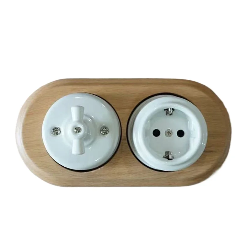 

Винтажный керамический выключатель света и розетка с деревянным основанием. | Классический поворотный переключатель 110–250 В. | Домашний декор в европейском стиле