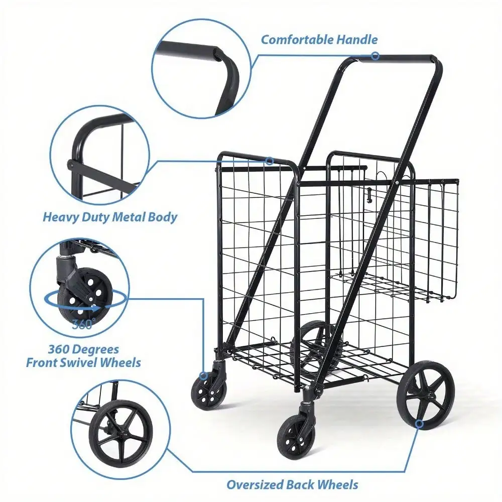 Heavy Duty Folding Shopping Cart Utility Trolley Two Baskets for Grocery Laundry