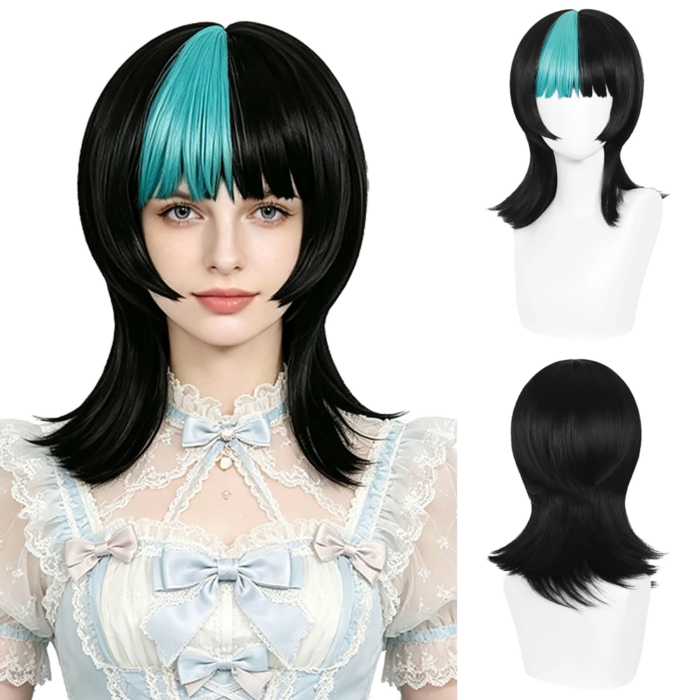 Kirara Hoshi Cosplay Wig Black Medium Wig with Cyan Bangs Highlight Heat Resistant Synthetic Anime Hair For Unisex Costume Party