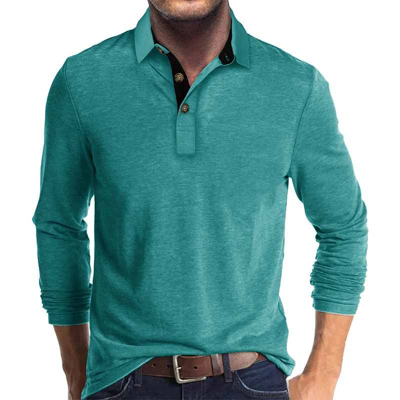 Business Commuter Wear Solid Color Men's Long Sleeved Polo Shirt Casual Shirt Solid Color Flip Collar Button Top MB14