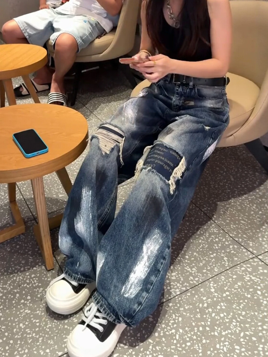 High Waist American Style Knife Hole Denim Jeans Women plus Size Loose Fit Casual Straight Leg Blue Jeans Autumn New Arrivals