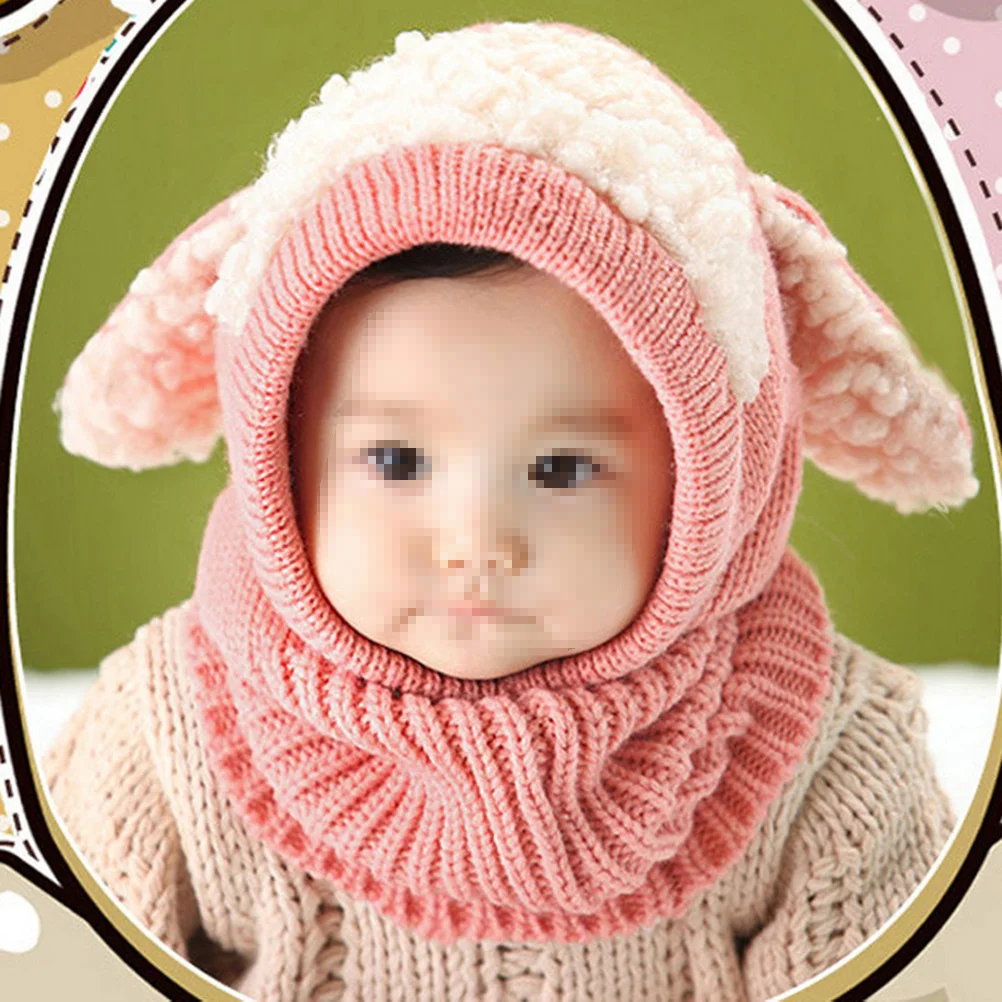 

Cute Dog Pattern Baby Hat Pink Knitted Woolen Coif with Hood Scarf Winter Warm Earflap Cap for 6-36 Months Soft Stretchy Thick