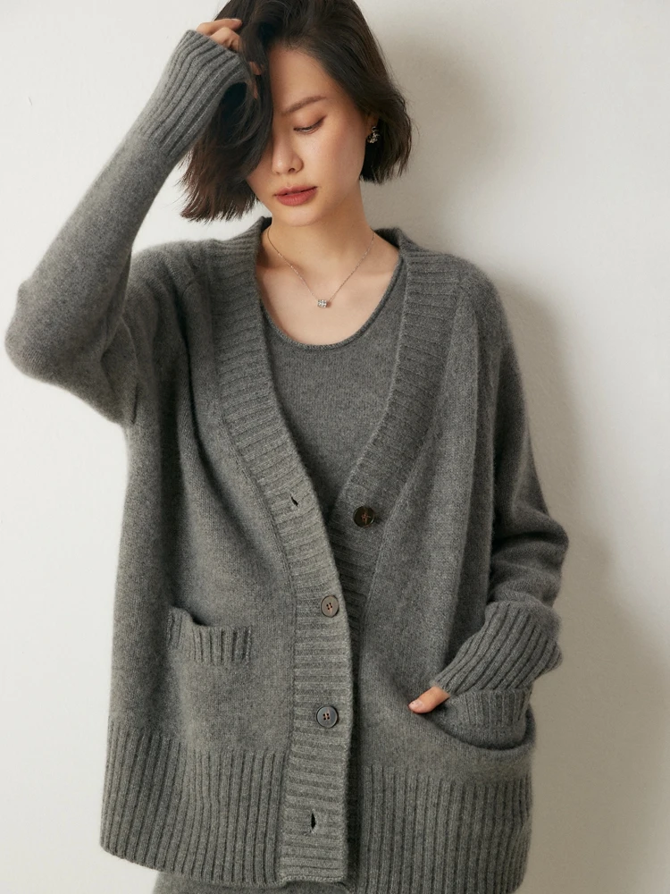 High Quality Women 100% Cashmere Sweater  Autumn Winter Cardigan Thick V-neck Casual Loose Style Cashmere Knitwear Warm Coat Top