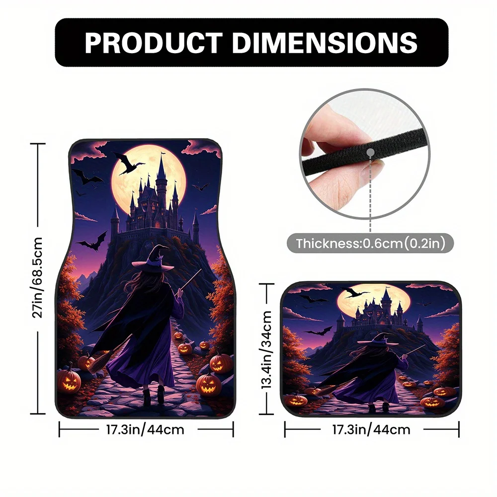 Set Of 4 Attractive Car Floor Mats Featuring A Witch And Moon Design, Made To Last And Easy To Maintain, Fitting Most Sedans, Su