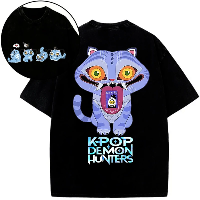 Derpy Tiger Hot Movie Print Shirts for Women Cartoon Anime Washed Cotton Tee K-Pop Demon Hunters Tiger Harajuku T-shirt Tops image 2
