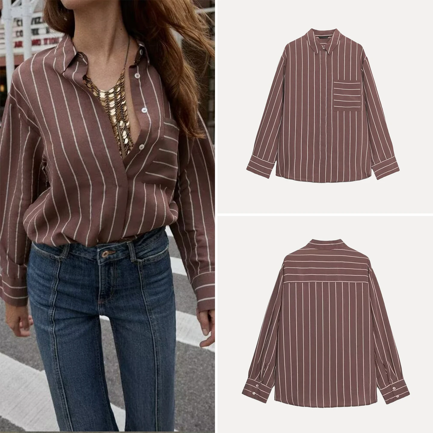 

Faionable Striped irt with ket Women's Sle Personali Autumn 2025 Z Casual Sle Long Sve Flip Collar