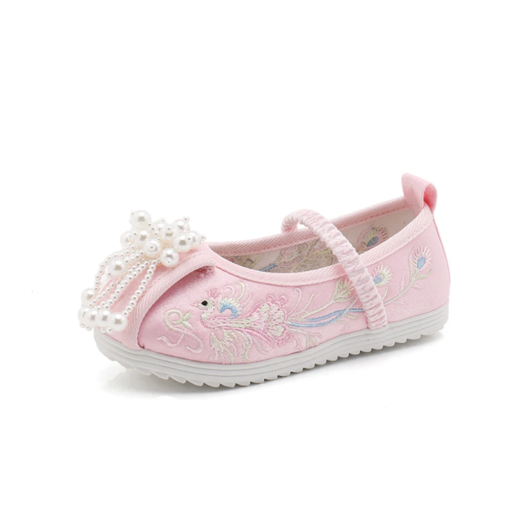 Baby Girls 2024 New Embroidered Shoes Ancient Dress Cheongsam Shoes Jade Beads Hanfu Shoes Performance Shoes