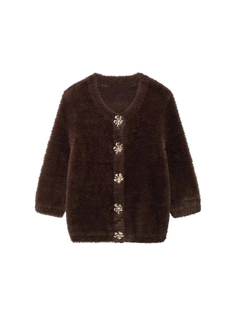 SIYANG Women Autumn Fashion Chic Brown Fuzzy Knit Cardigan Female Buttons O-Neck Knitted Jacket Casual Knitwear