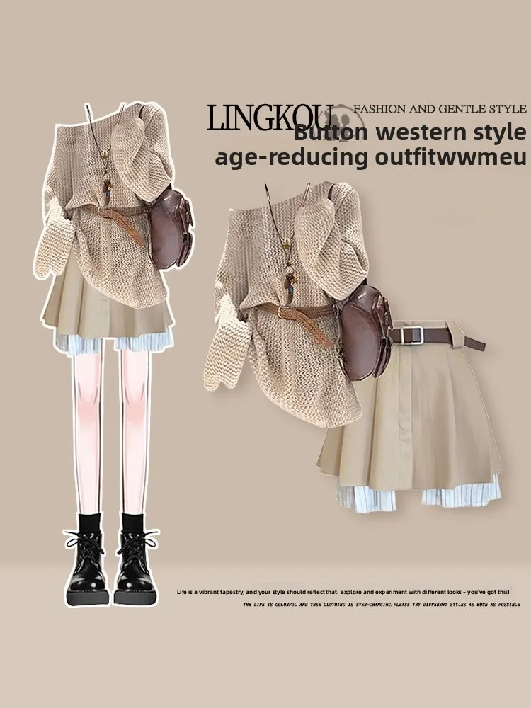 

American Style Off-Shoulder Knitwear And Short Skirt Two-Piece Set plus Size Autumn Fashion for Women Non-Repeating Splicing ...