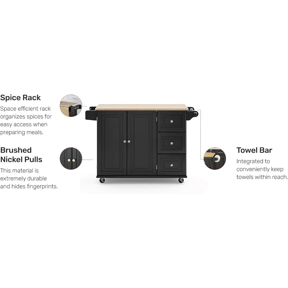 Homestyles Dolly Madison Kitchen Cart with Wood Top and Drop Leaf Breakfast Bar, Rolling Mobile Kitchen Island 54‘’ Width, Black