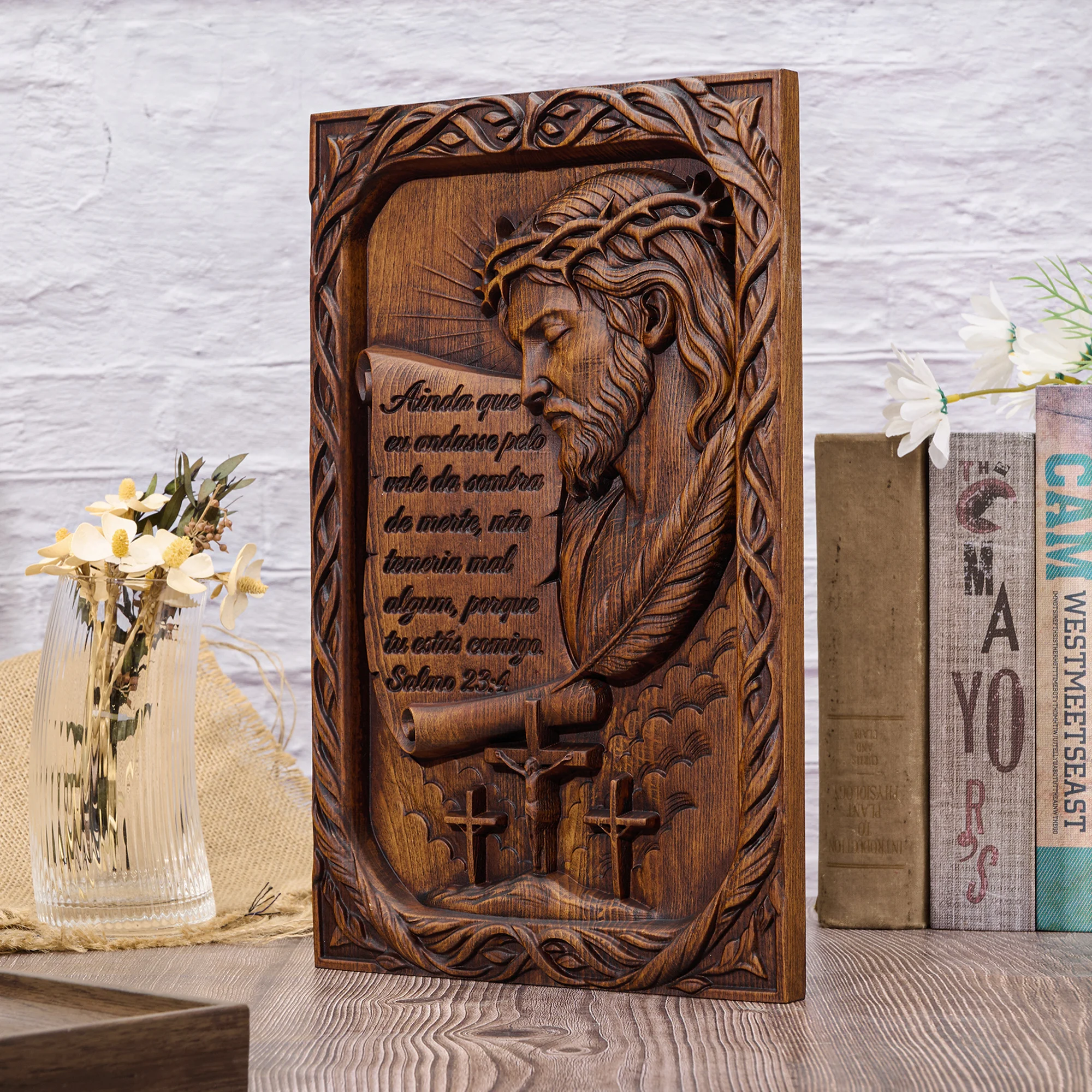 Psalm 23:4 Solid Wood Carved Square Jesus Plaque Wall Hanging Decorative Craft