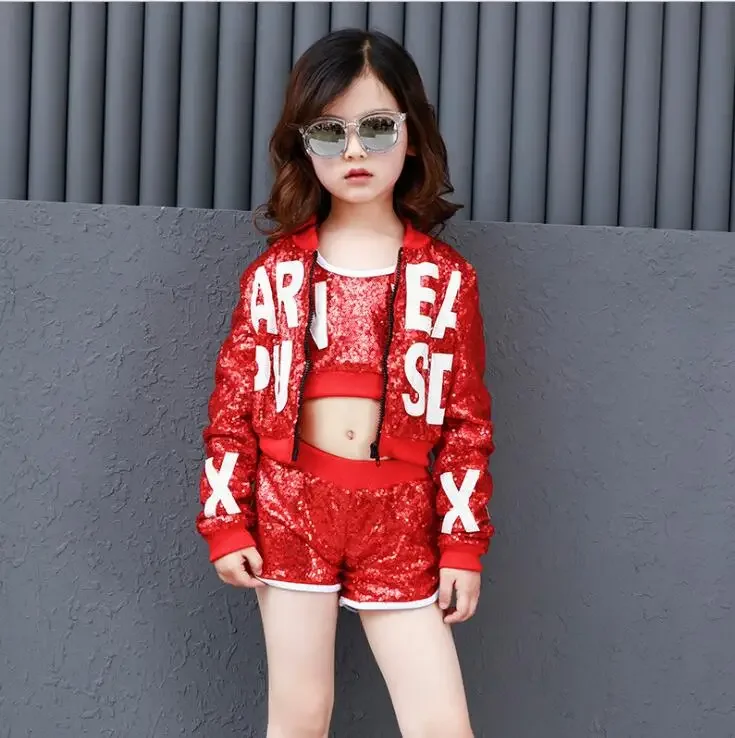 Children Kid Girl Boy Red Flash Sequins Glitter Hip Hop Costume Ballroom Jazz Dance Costume Coat Vest Pants Clothes Clothing