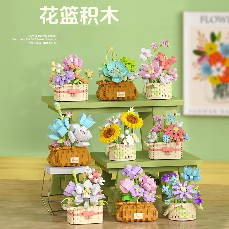 Succulent Flower Basket Model Building Blocks Kit Assembled Flowers Decoration Ornament Toy Girl Mother's Day Teacher's Day Gift