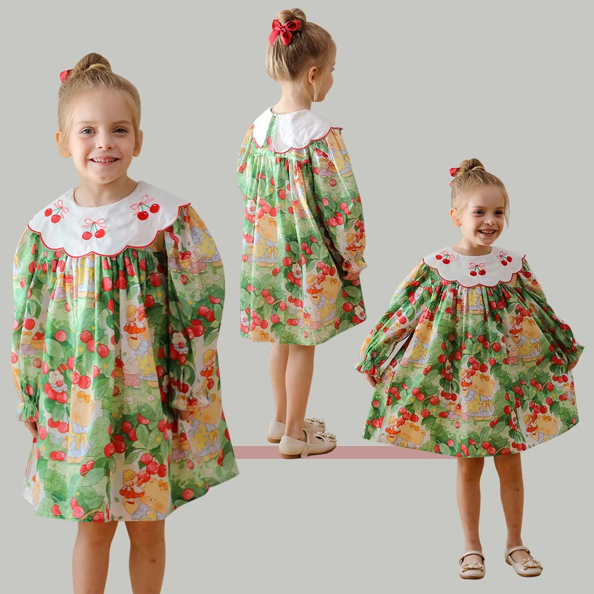 YBFSKID Spring Children Girls Princess Dress Sweet Cherry Embrodiery Peter Pan Colalr Dress For Kid Girls Infant Baby Girl Dress