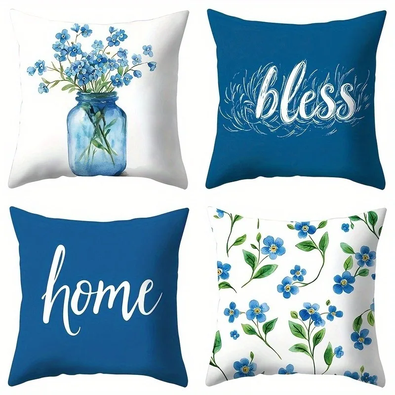 

Blue Floral Home Bless Pillowcase, Artistic Farmhouse Design, Cozy Home Decor Cushion Cover