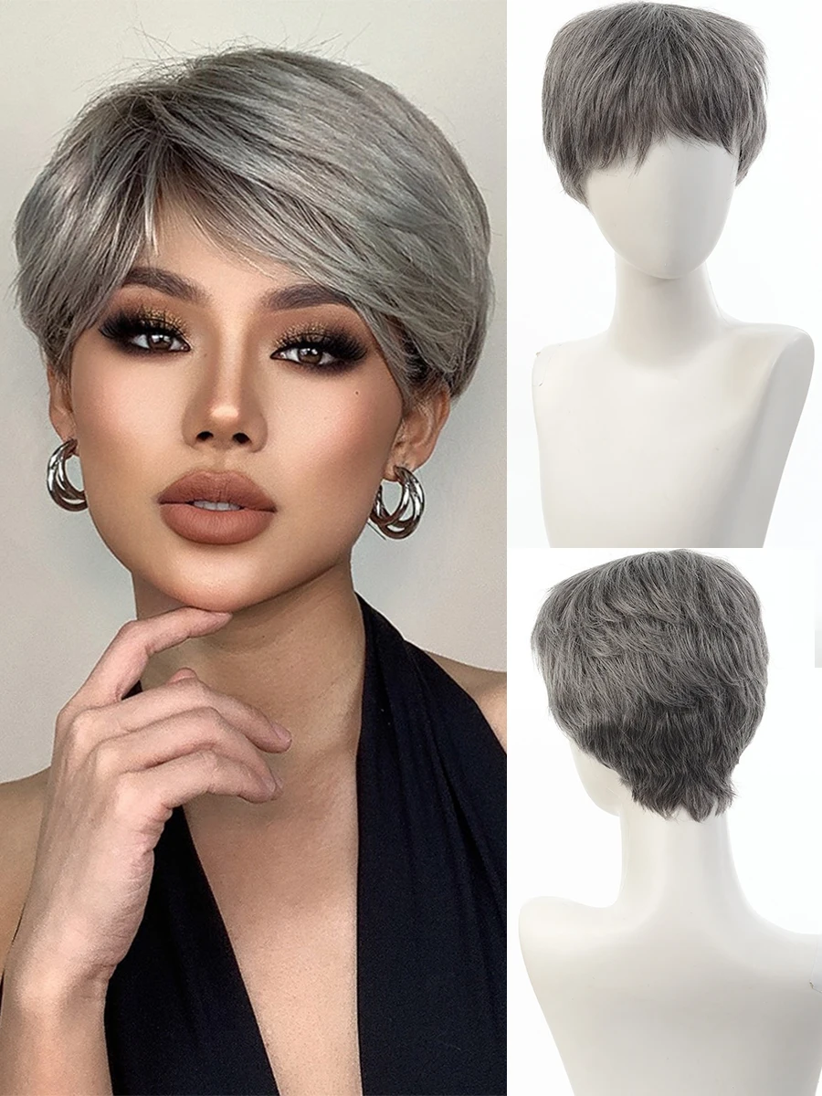 

4-дюймовый короткий прямой парик для женщин, серый, из синтетического волокна, машинной работы, для повседневного использования, вечеринок, косплея и аниме