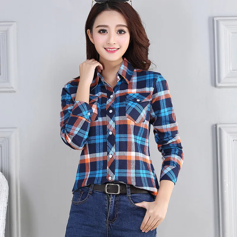 Women\'s Plaid Shirts 2023 Autumn New Ladies Casual Long Sleeve Pocket Cotton Shirt Fine Elegant Lady Checked Tops Clothes