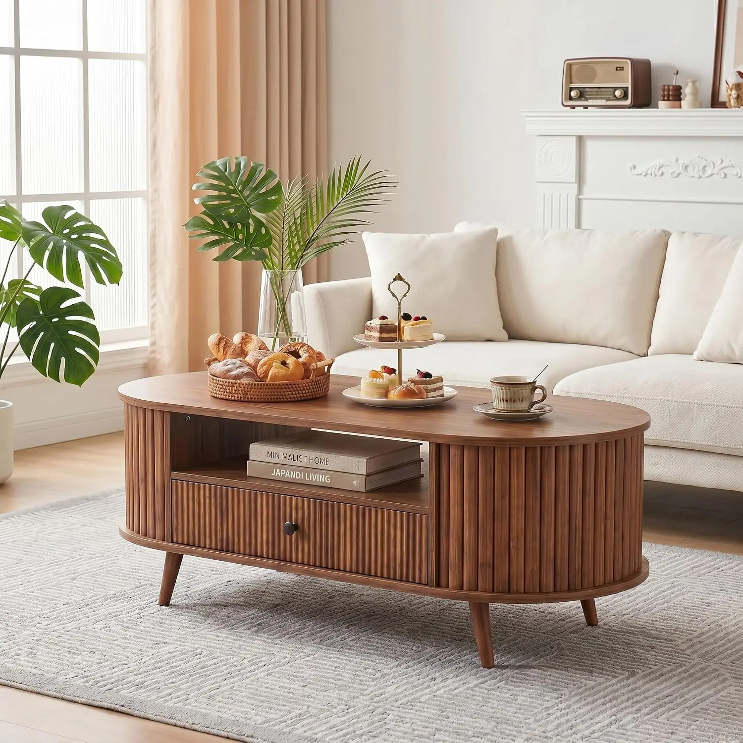 Oval Coffee Table, Living Room Center Accent Table, Modern Farmhouse Wooden Cocktail Furniture Unit With Bottom Open Storage Shelf Organizer Rack, Walnut