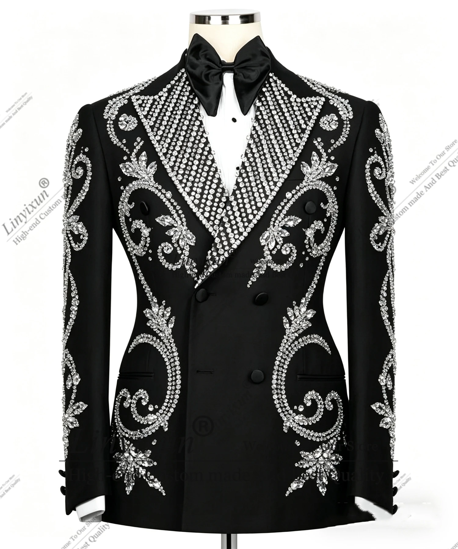 

Formal Diamond Beadeds Men Suits 2 Pieces Sets Party Prom Blazer Customized Slim Fit Costume Homme Peaked Lapel Groom Tuxedos