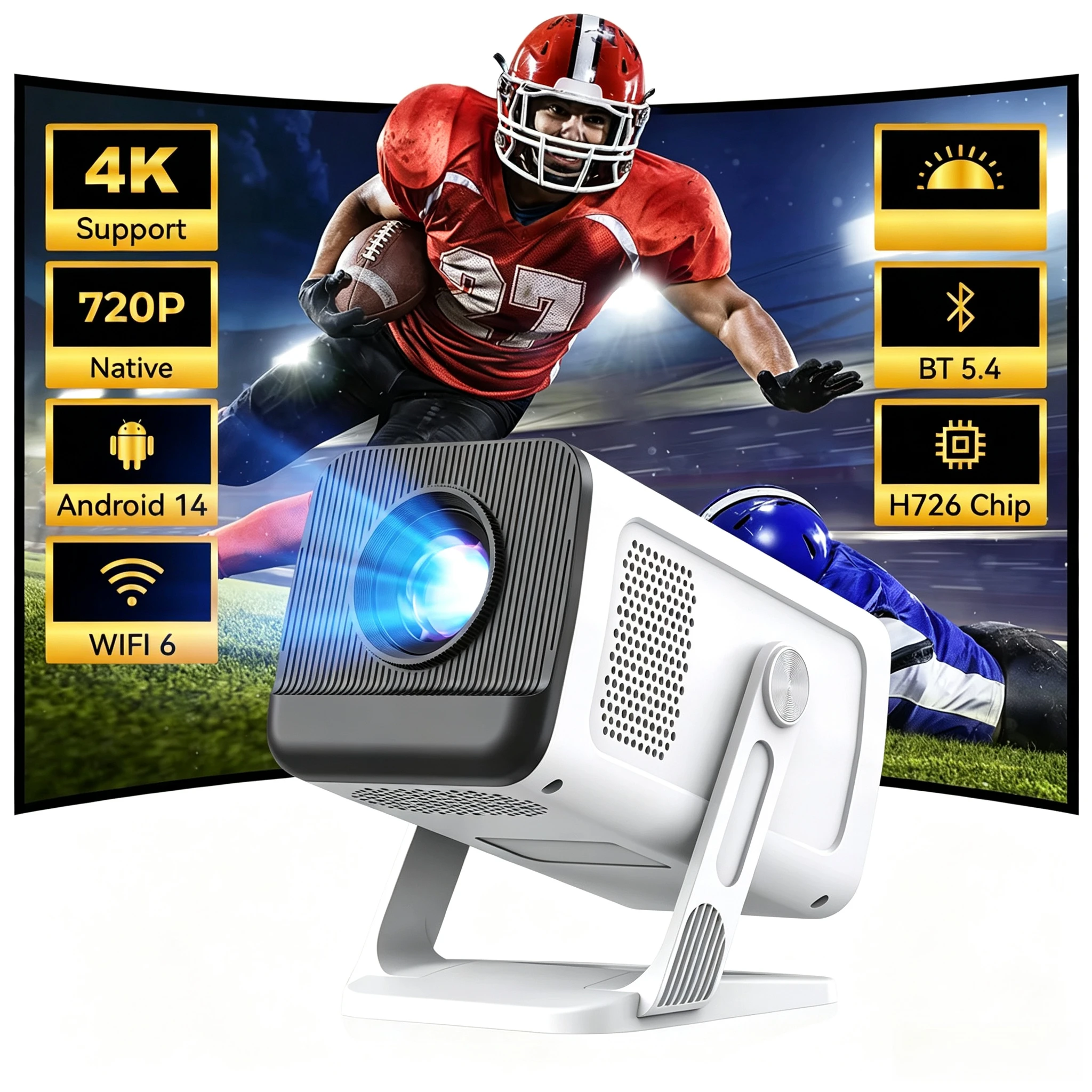 Mini projecteur Android 14, 720P natif, compatible 4K, Bluetooth 5.0, 180° °   Objectif rotatif, WiFi 6 5G, portable, sans fil, extérieur, domestique